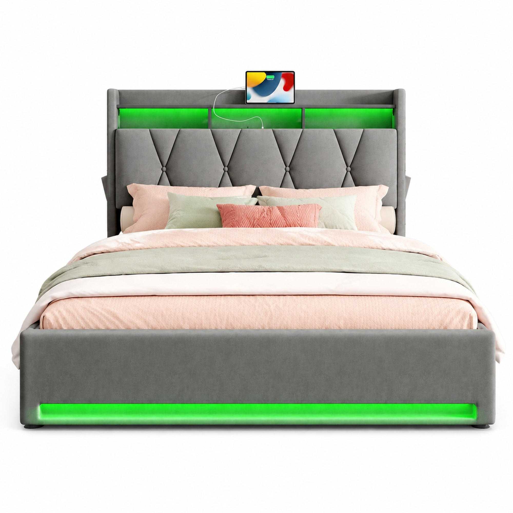 POLSTERBETT 140/200 mit Bettkasten, LED, USB, Type-C und Kopfteilregal in Grau - Grau, Holzwerkstoff/Textil (140/200cm) - EVRYAE