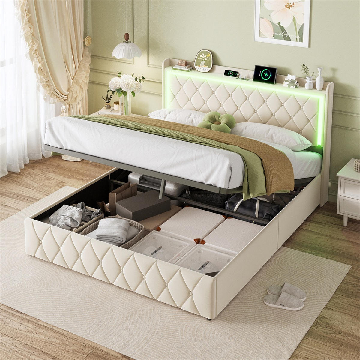 POLSTERBETT 160x200cm mit hydraulischem Stauraum - LED Beleuchtung & Ladefunktion - ohne Matratze - Beige - Beige, Textil (160/200cm) - DELFA
