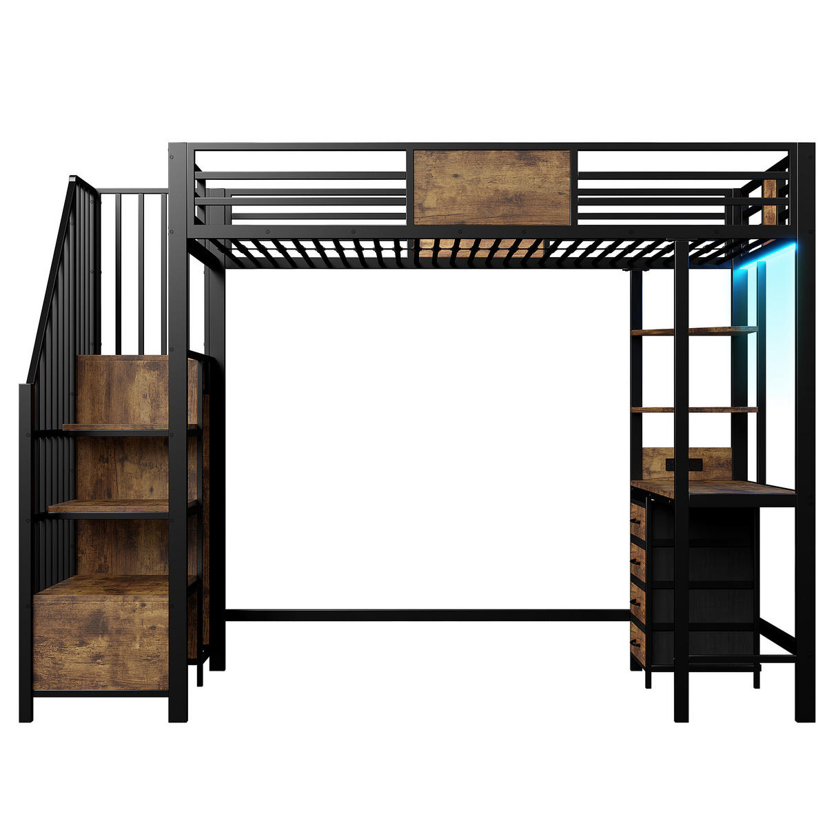 HOCHBETT mit Schreibtisch 90/200 cm in Schwarz – mit Stauraum, Kleiderstange und LED - Schwarz, Metall (90/200cm) - BEAOK