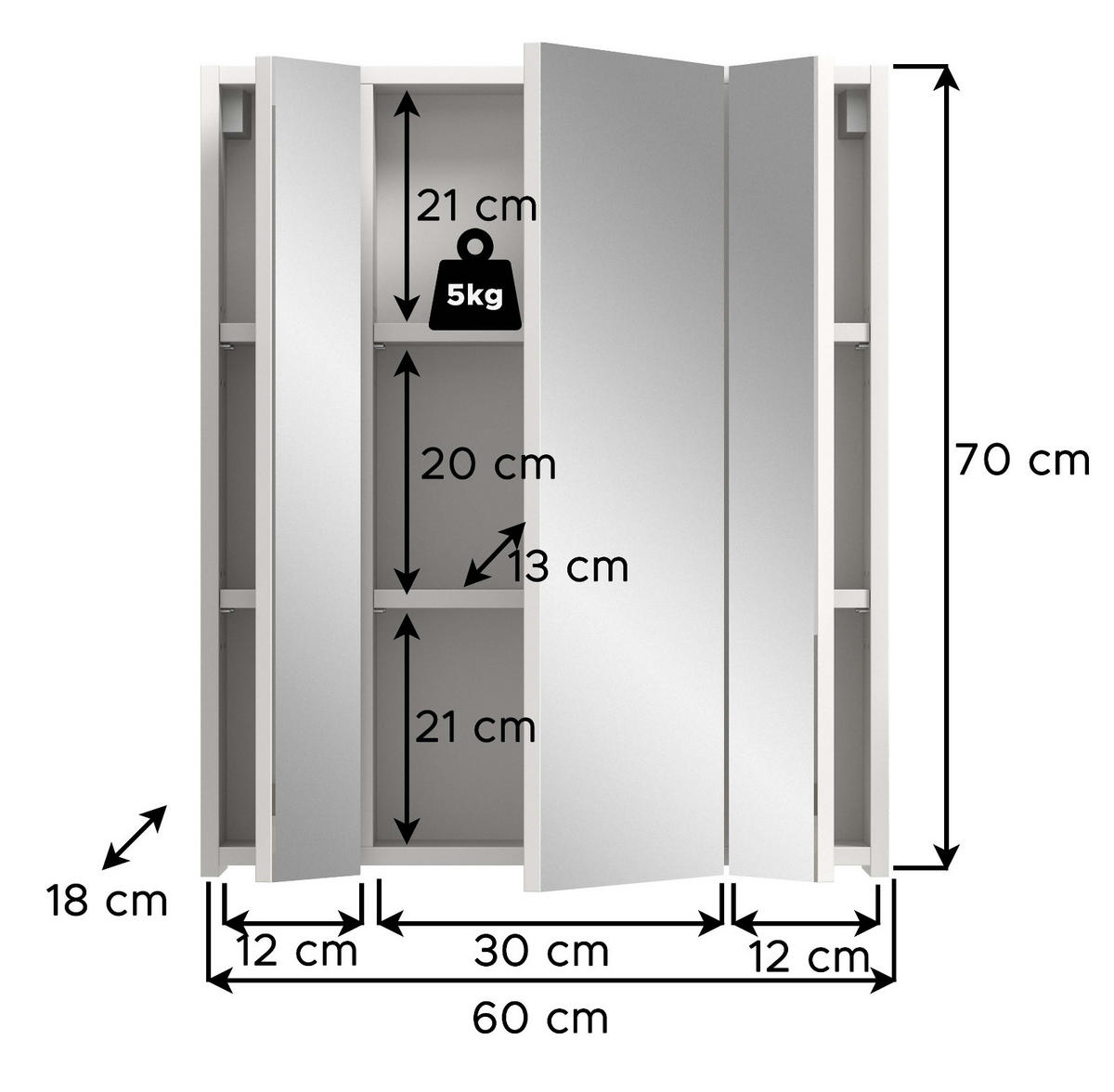 SPIEGELSCHRANK weiß Badschrank, Badschrank 3-türig 60 x 70 cm hängend - Weiß Hochglanz/Weiß, Glas/Holzwerkstoff (60/70/18cm) - Inn.Furn