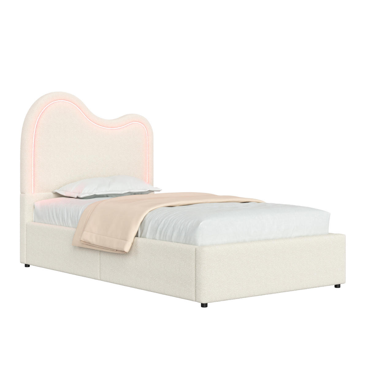 KINDER-POLSTERBETT aus Bouclé 90x200 cm Weiß mit Bettkasten, Lattenrost und LED-Beleuchtung - Weiß, Textil (90/200cm) - Modfu