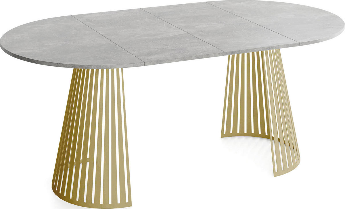 ESSTISCH Naro rund ausziehbar mit Goldenem Lamellen-Metallgestell, Grauer Beton 120-200/120/76 cm - Goldfarben/Hellgrau, Holzwerkstoff/Metall (120/120/76cm) - WFL GROUP