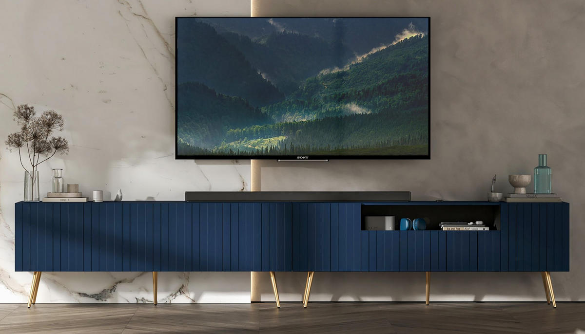 TV-LOWBOARD 2er-Set Elpis2 Marineblau mit goldenen Metallbeinen150 cm - Blau/Goldfarben, Holzwerkstoff (300/60.5/36.5cm) - Meble Lindner