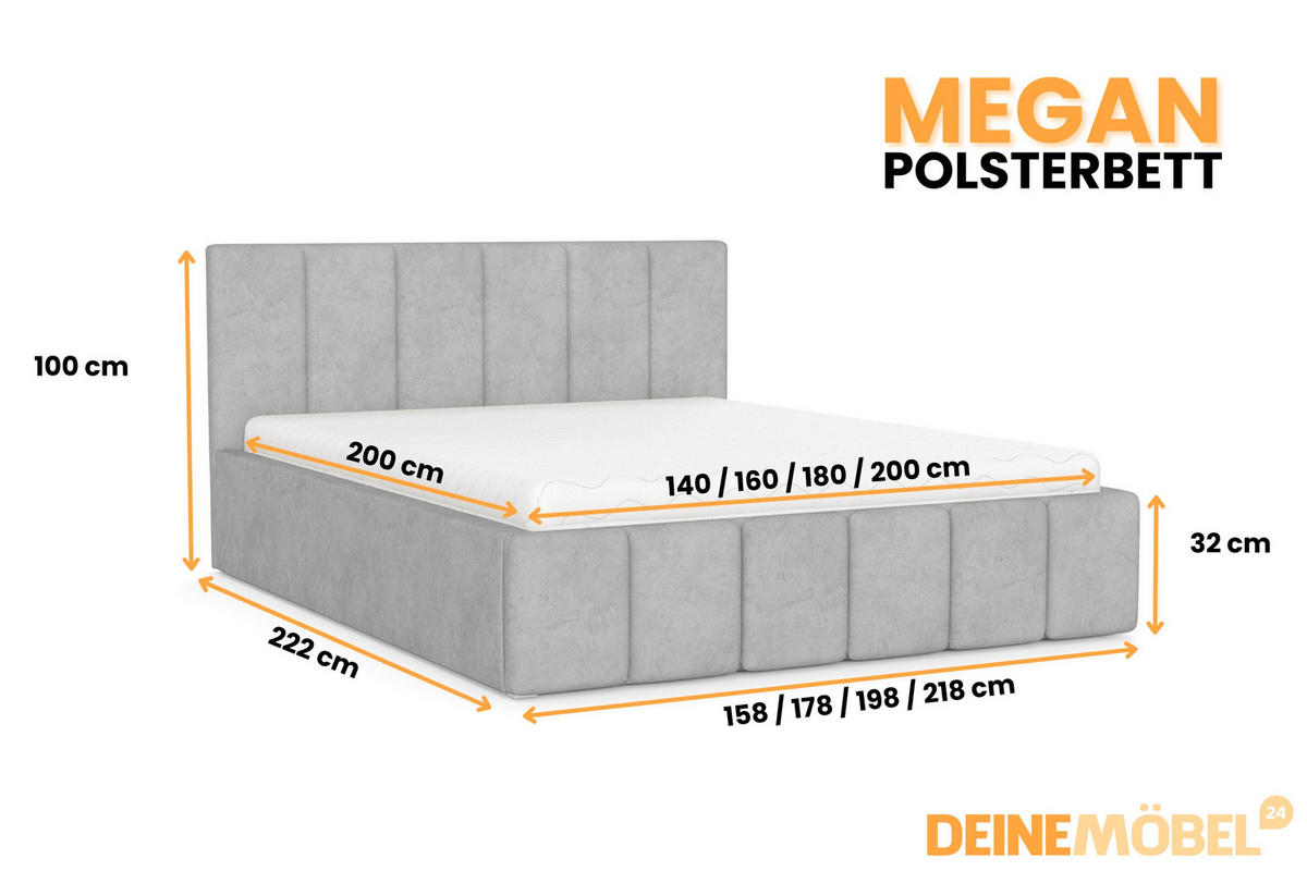 POLSTERBETT MEGAN 200/200 in Velours Grau - Grau, Holz/Holzwerkstoff (200/200cm) - Deine Möbel 24