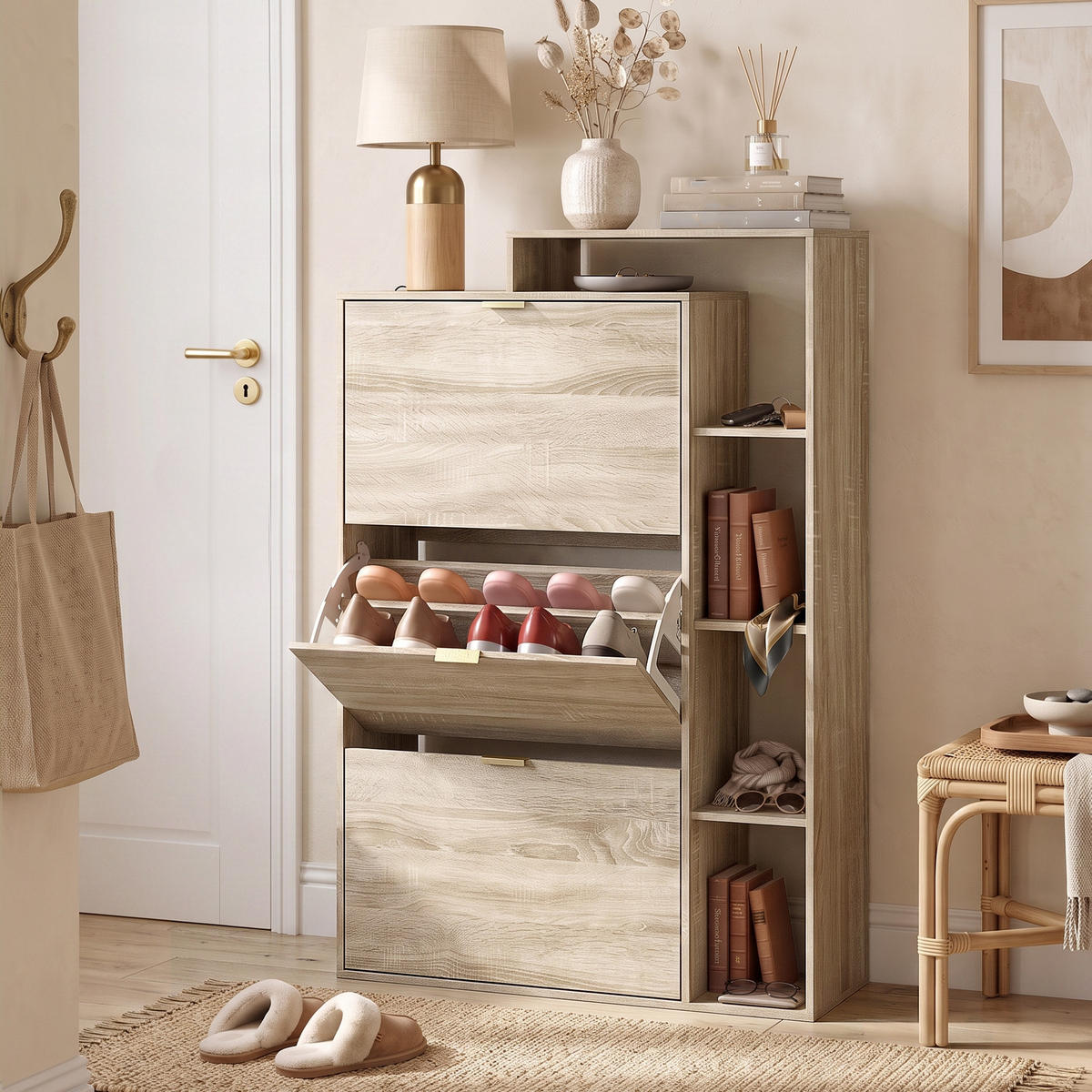 SCHUHSCHRANK MDF Naturholz - Goldfarben/Naturfarben, Holzwerkstoff/Metall (25/123.8/80cm) - HOMCOM