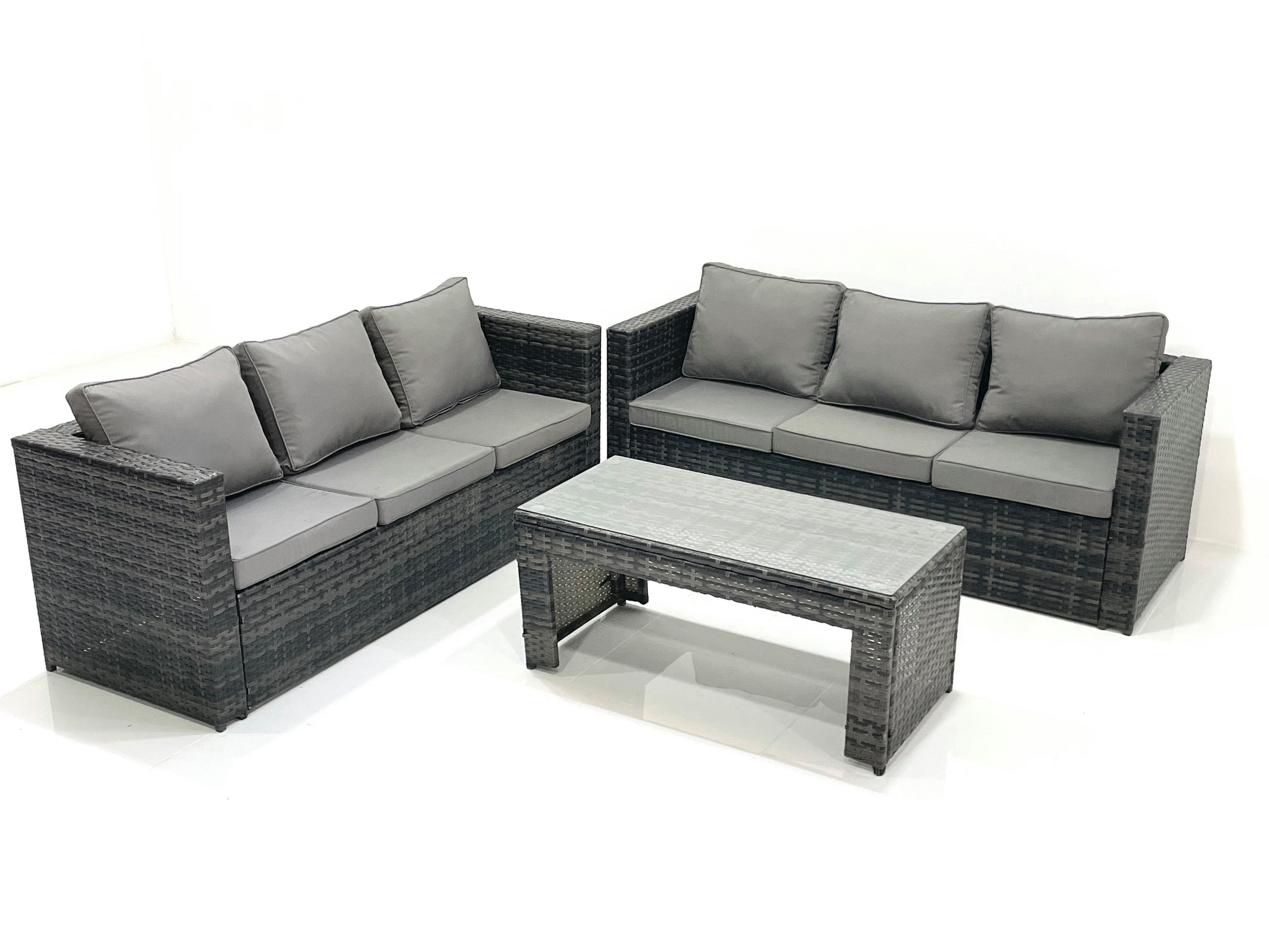 GARTENMÖBEL COUCHTISCH SET mit Sofa Polyrattan Outdoor 6-Sitzer - Dunkelgrau/Grau, Glas/Kunststoff - Fimous