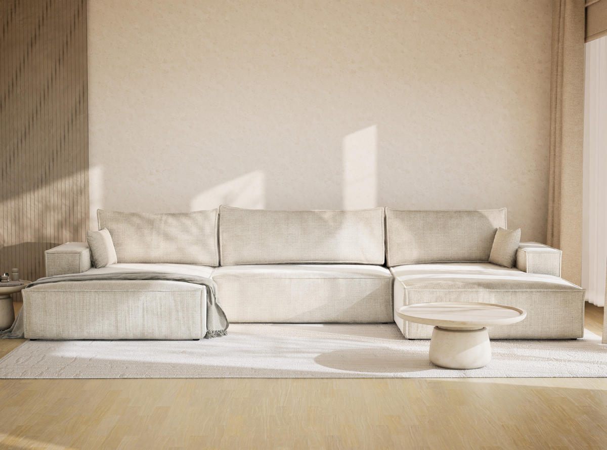 WOHNLANDSCHAFT Kyoto Beige grau Chenille-Stoff - Greige/Schwarz, Holz/Holzwerkstoff (398/70/148cm) - Maison de Reve