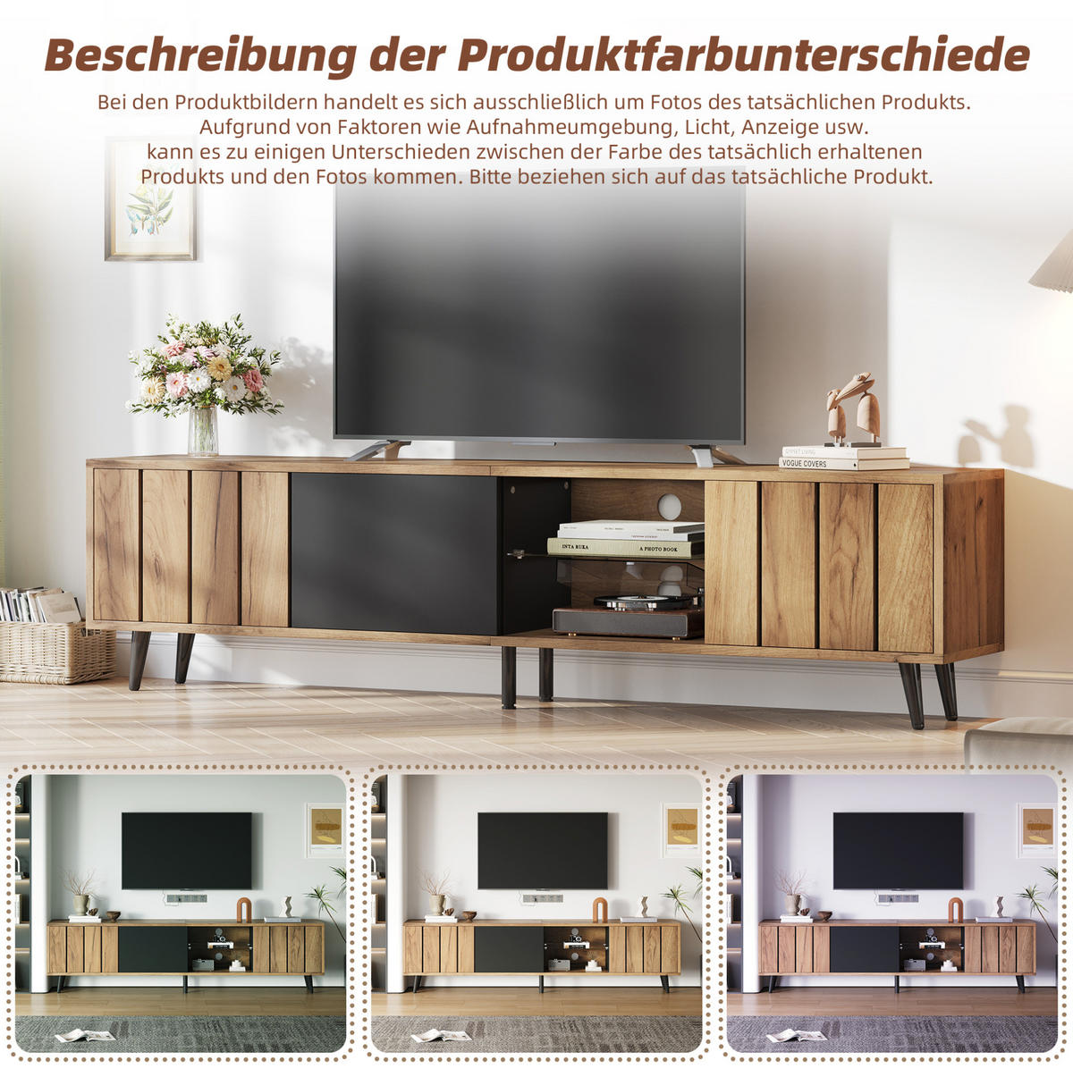 TV ormarić od iverice 175x31,5x45 cm prirodna boja i crna s 3 ormarića i kaljenim staklom za TV do 75 inča - svijetlo smeđa, drvni materijal (175/45/31.5cm) - Modfu