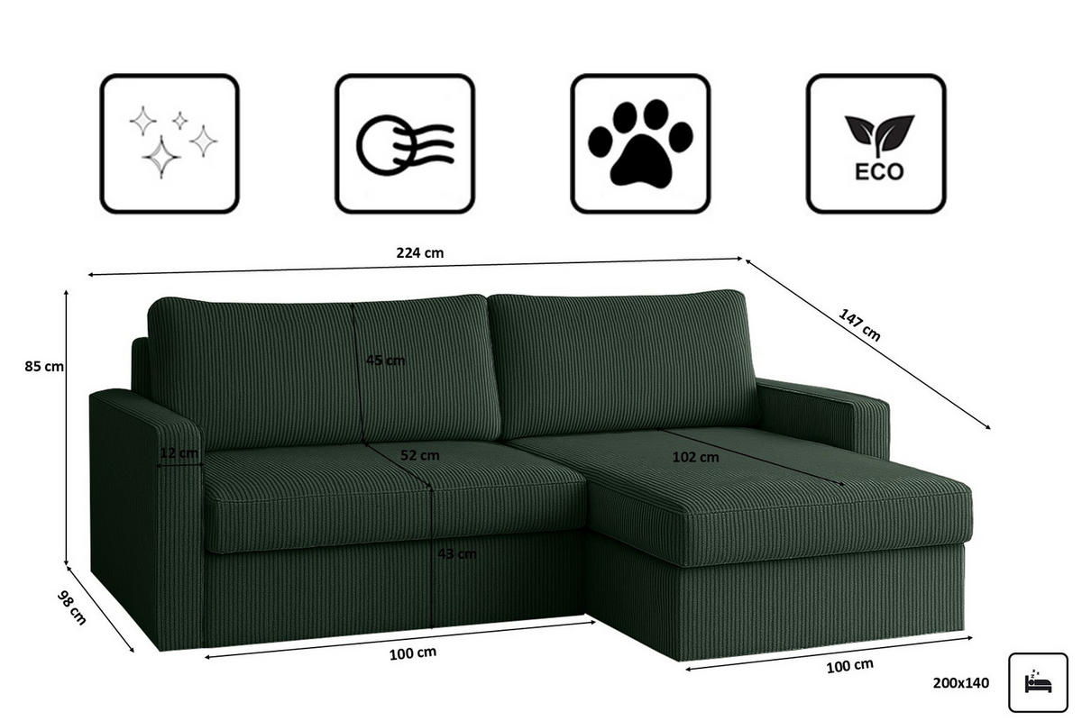 ECKSOFA Mit Schlaffunktion Und Bettzeugablage LUBEKA Stoff Poso Grün Rechts - Grün, Holz/Textil (224/147cm) - Kaiser Möbel