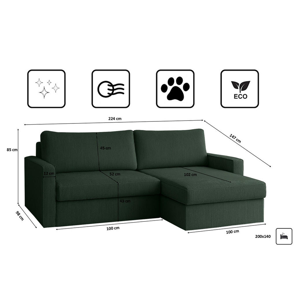Thumbnail - Kaiser Möbel Ecksofa, Grün, Textil, 3-Sitzer, Füllung: Komfortschaum, L-Form, 224x147 cm, Wohnzimmer, Sofas & Couches, W...