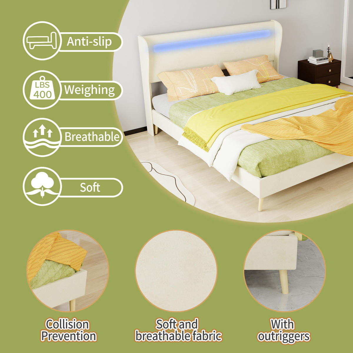 POLSTERBETT 160/200 cm DE-35471 mit LED-Kopfteil Beige - Beige, Metall (160/200cm) - ComfortXL