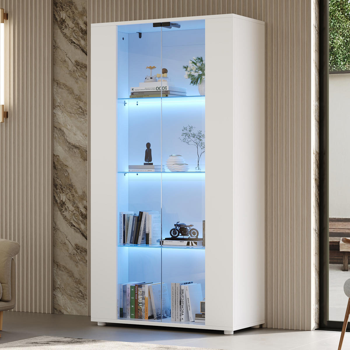 VITRINE 80x36x150 cm Weiß mit LED und 2 Türen - Weiß, Holzwerkstoff (80/150/36cm) - FLIEKS