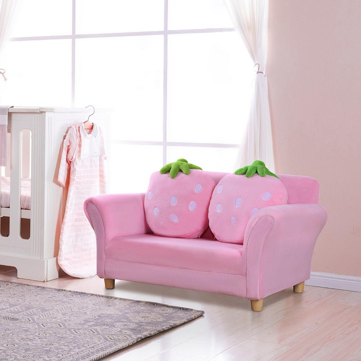 KINDERSOFA mit Holzgestell, Schaumstoffpolster, Erdbeer-Kissen 90/53/48 cm Pink - Pink, Holz (53/48/90cm) - Redom