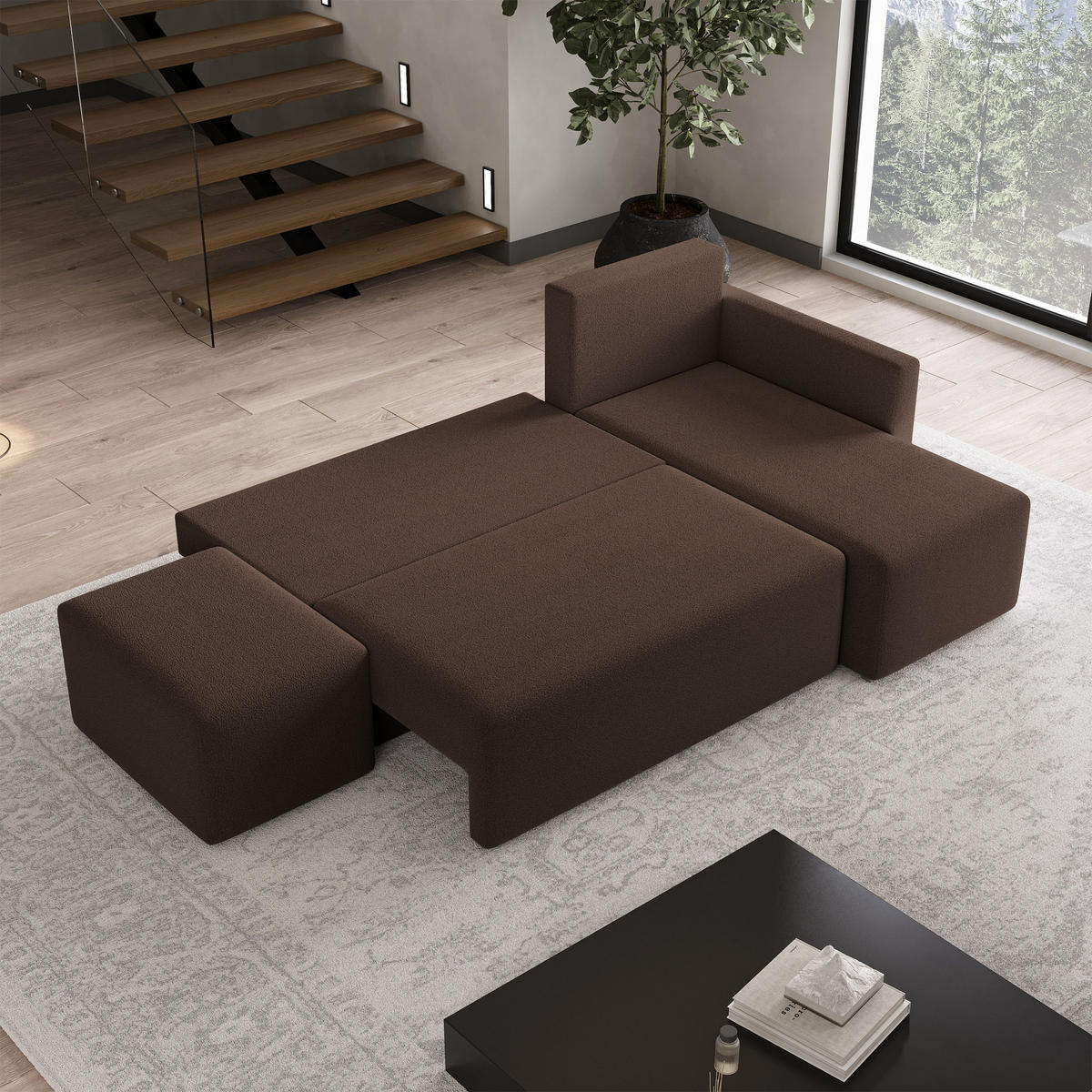 ECKSOFA VELOTTI R-S Braun Boucle-Stoff mit Schlaffunktion - Braun, Holz (261/143cm) - MASSENO