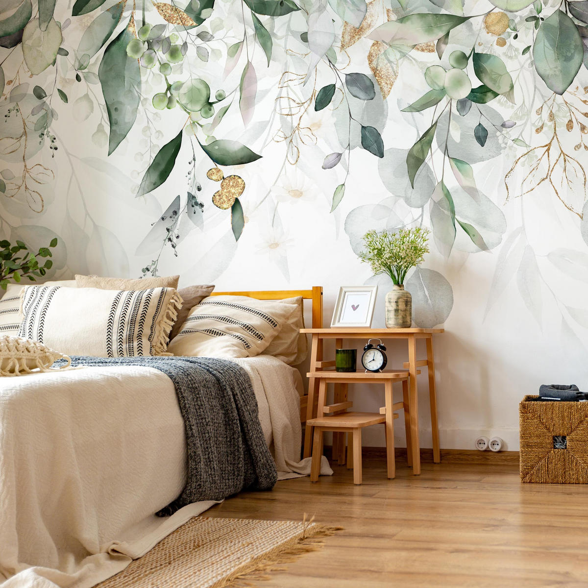 FOTOTAPETE Aquarell Blätter Pflanzen Natur für Schlafzimmer 450x300cm - Beige/Weiß, Papier (450/300cm) - Muralo