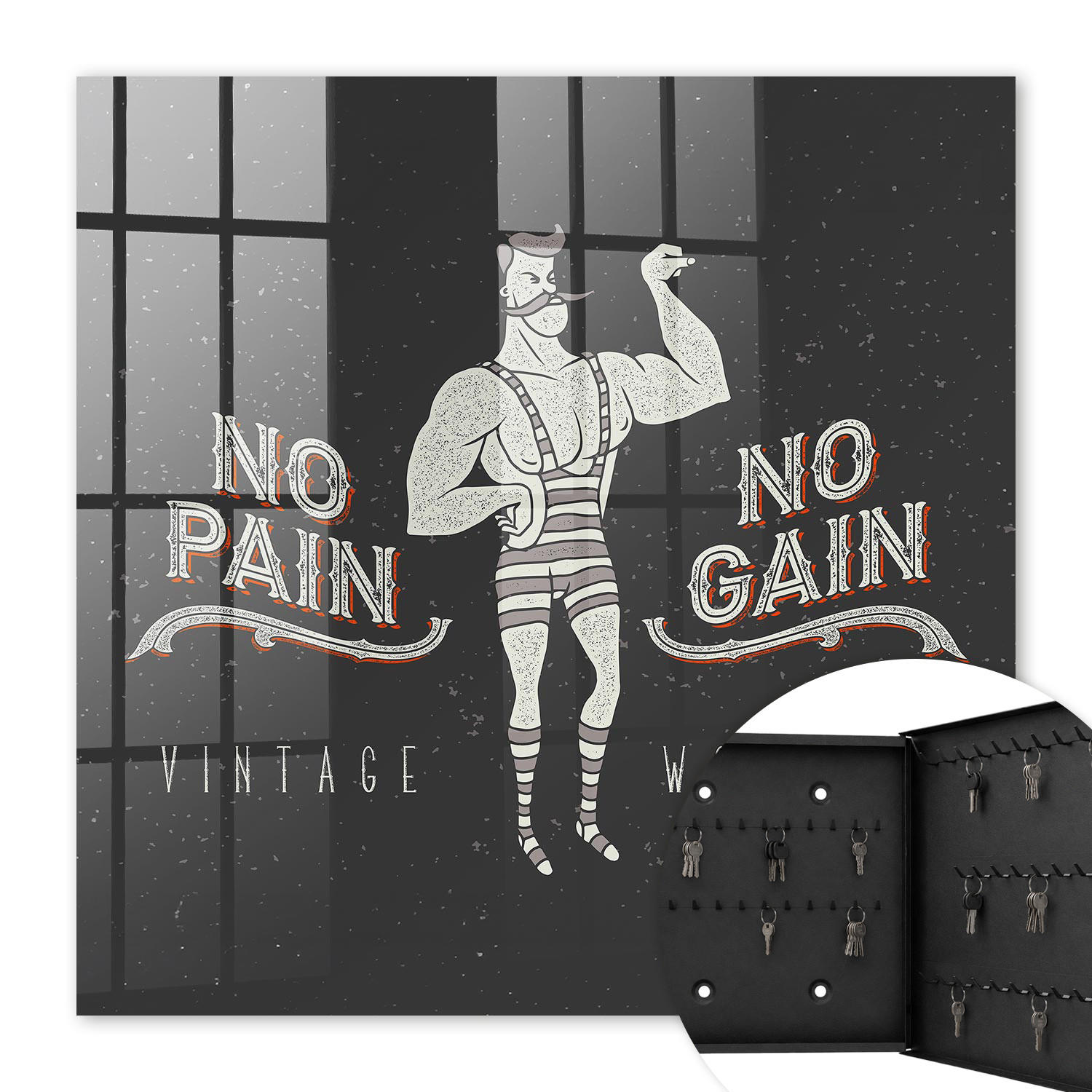 SCHLÜSSELBOX Schwarz 30x30 cm- Türöffnung nach rechts - Retro Strongman - Schwarz, Metall (30/30/5cm) - TULUP