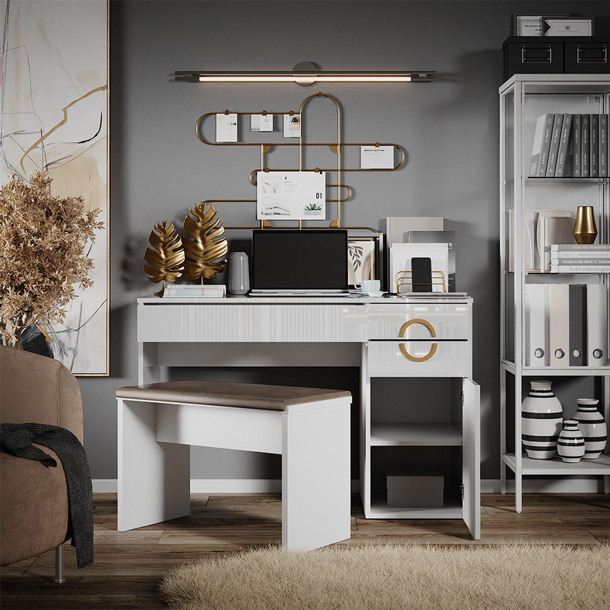 SCHREIBTISCH Adela Weiß Hochglanz 115 x 55 cm mit 3 Schubladen - Weiß Hochglanz, Holzwerkstoff (55/115/76.4cm) - Vicco