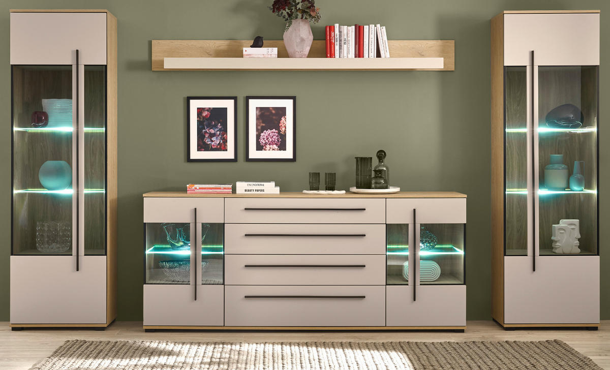 WOHNWAND Kaschmir, Eiche 4-teilig 340 cm, Schrankwand Set mit Soft-Close - Kaschmir/Eichefarben, Glas/Holzwerkstoff (340/200/42cm) - Furn.Design