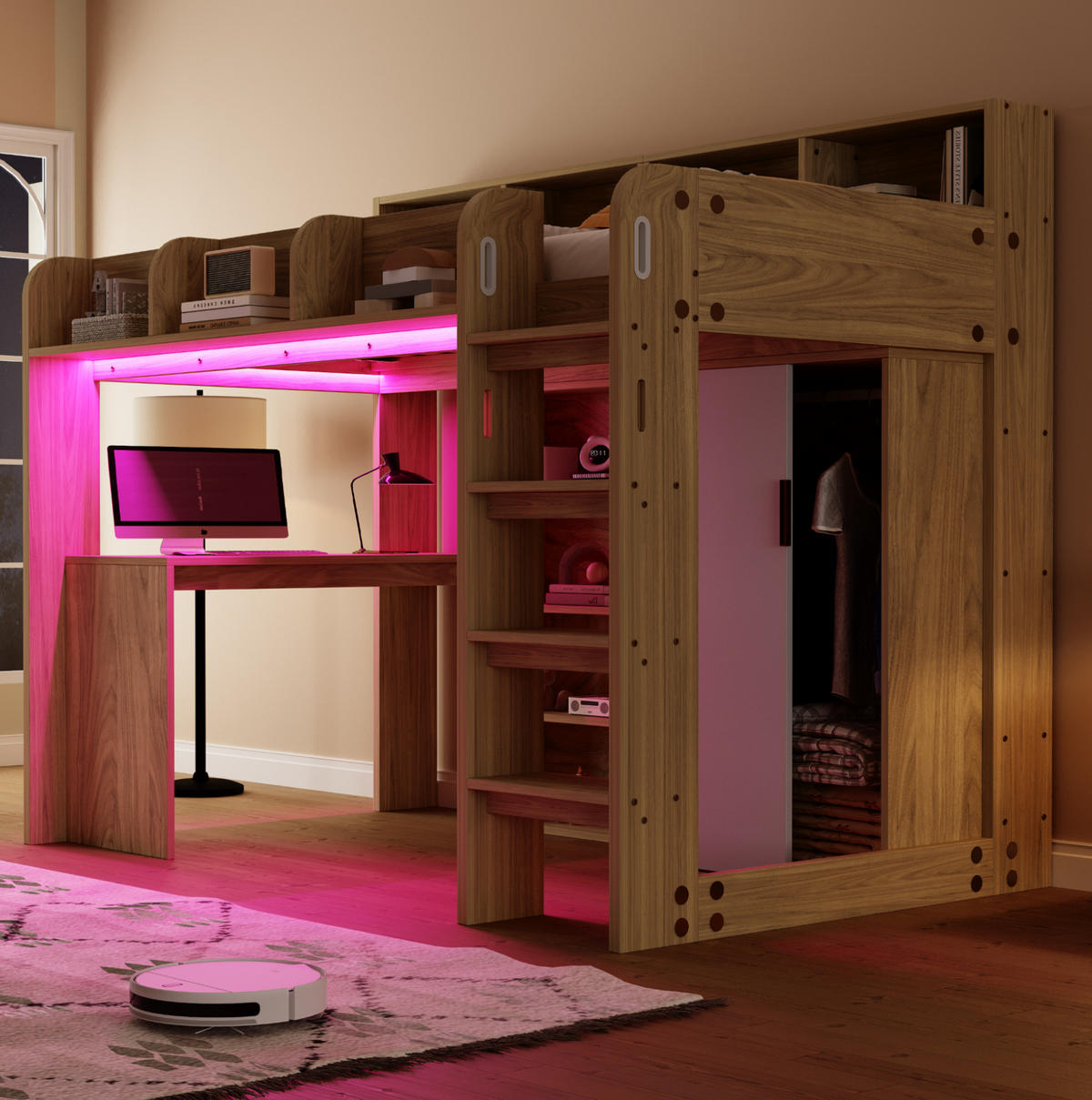 HOCHBETT 90/200 cm natur aus MDF mit Schreibtisch LED und Steckdose - Naturfarben, Holzwerkstoff (90/200cm) - OKWISH