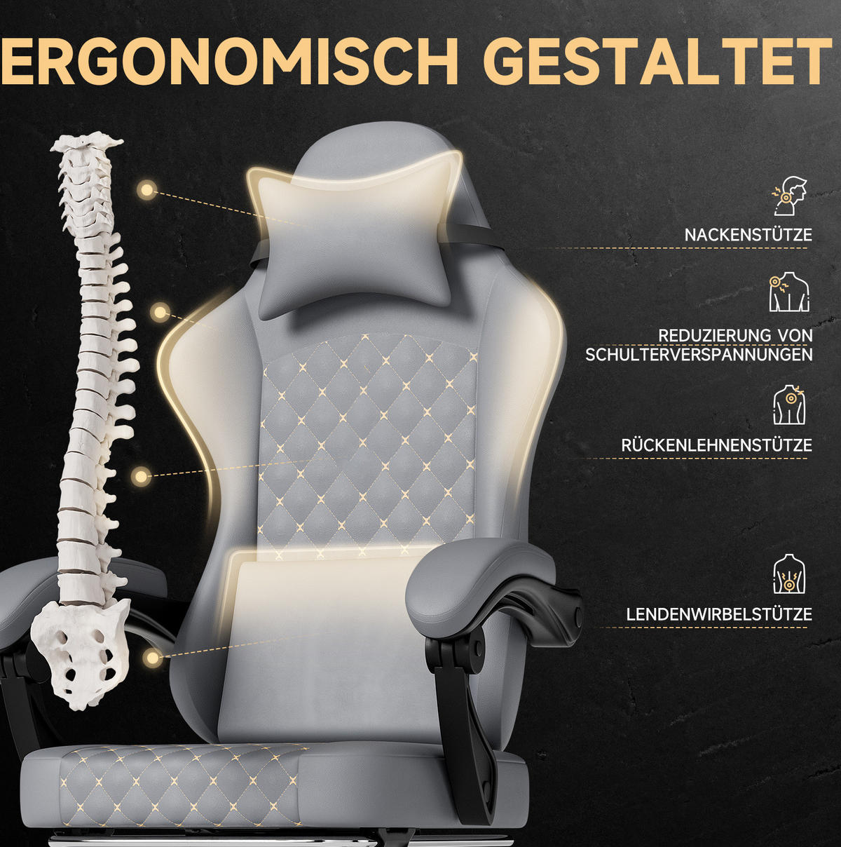 GAMING-STUHL ergonomisch verstellbar Leder Grau mit Fußstütze - Grau, Kunststoff (63/120.5/58.5cm) - Meubliv