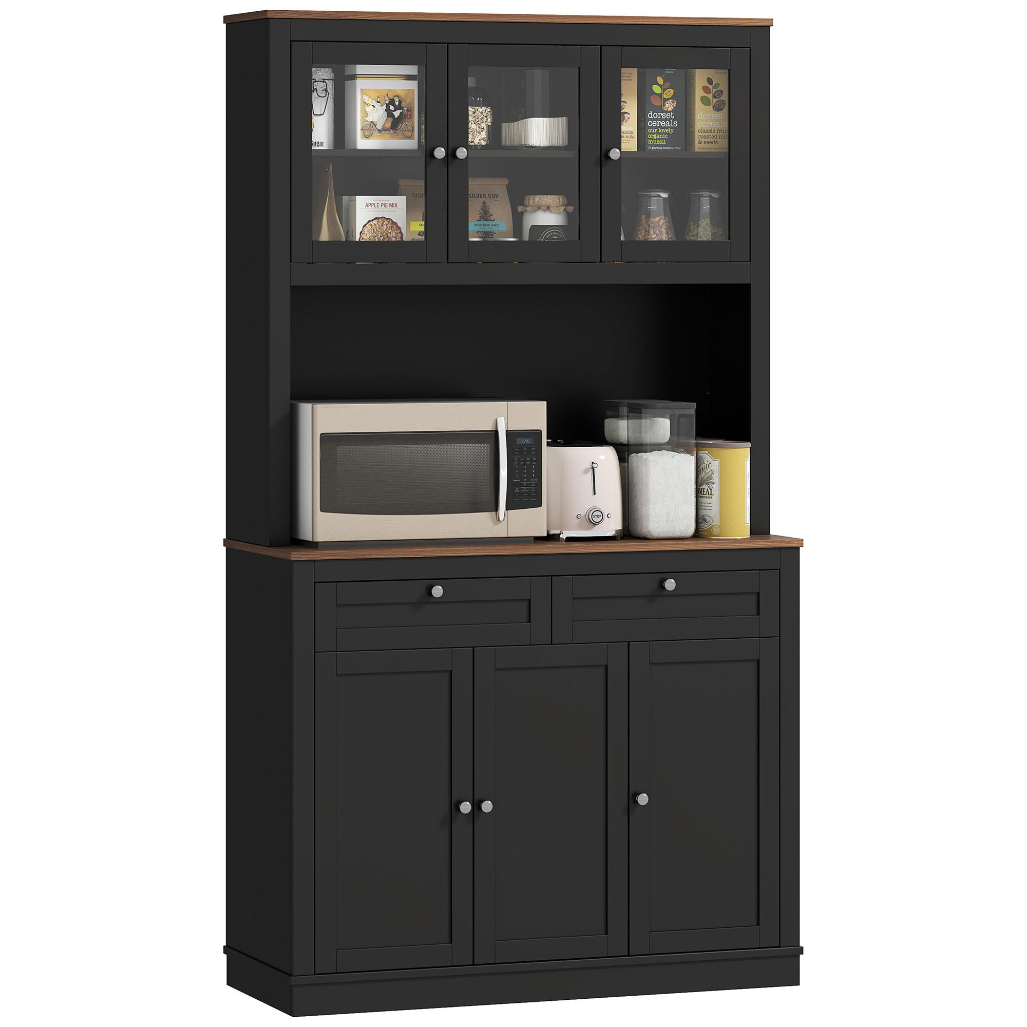 BUFFET DE-11213 6 Türen & 2 Schubladen mit Arbeitsplatte Schwarz - Schwarz, Holzwerkstoff (40/180/100cm) - ComfortXL