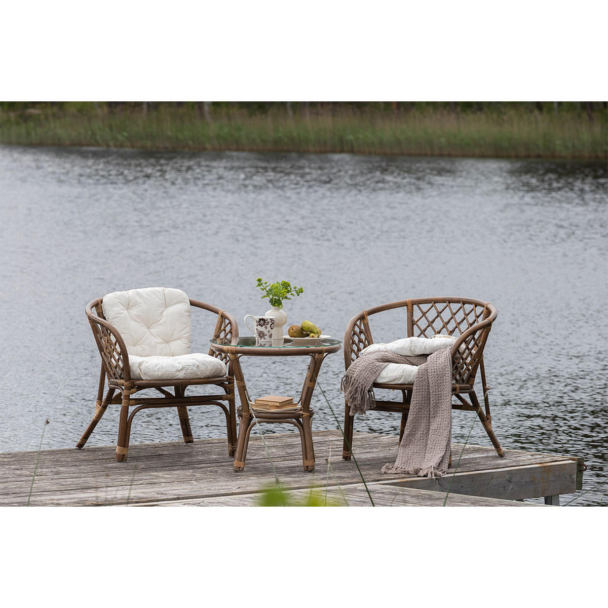 CAFÉ-SET, Wera, Tisch Walnuss-Dekor, Rattan, 55 x 55 x 55 cm, 3-teilig - Walnussfarben, Naturmaterialen - ebuy24