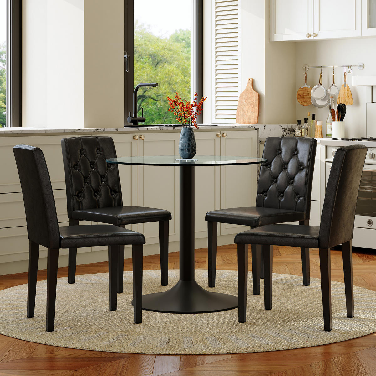 ESSGRUPPE DE-39482 5-teilig, Glastisch und 4 PU-Stühlen mit Knopfverzierung Schwarz - Schwarz, Metall (85/75/85cm) - ComfortXL