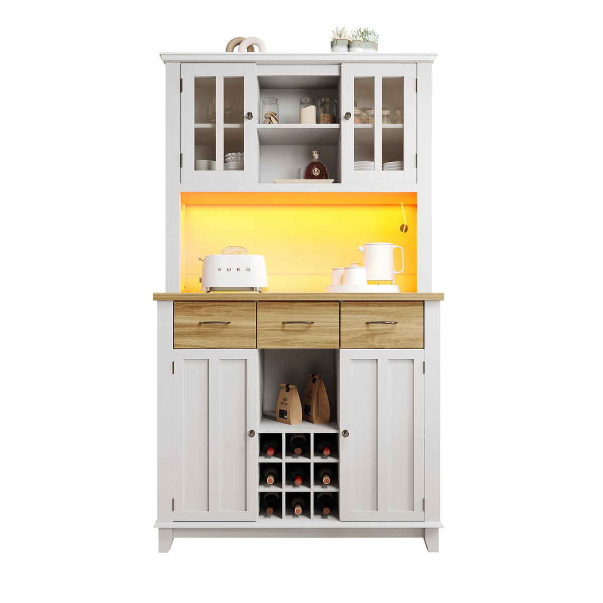 KÜCHENBUFFET 106/40/179,5 cm weiß aus MDF mit LED-Beleuchtung - Weiß, Holzwerkstoff (106/179.5/40cm) - OKWISH