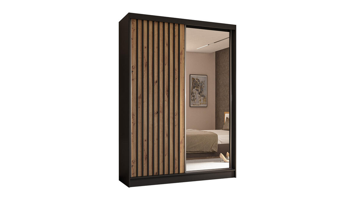 KLEIDERSCHRANK mit Spiegel-Schiebetüren und Aluminium-Leisten - LAMELO - 150 cm Schwarz+Artisan+Schwarz - Schwarz, Holzwerkstoff (150/216/61cm) - ALTDECOR