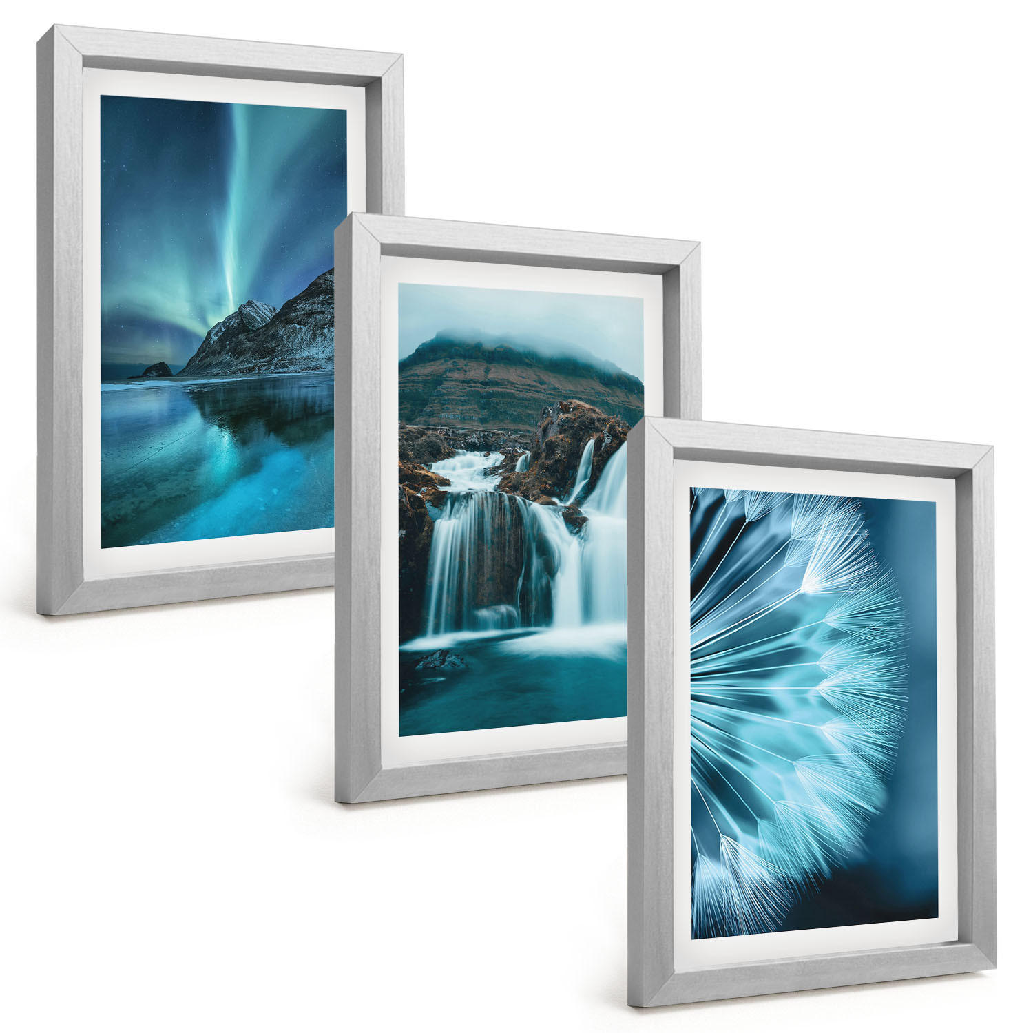 BILDER SET 3er Set - 20x30 cm Silberner Rahmen - Winterlandschaften mit Wasserfällen - Silberfarben, Kunststoff (20/30cm) - TULUP