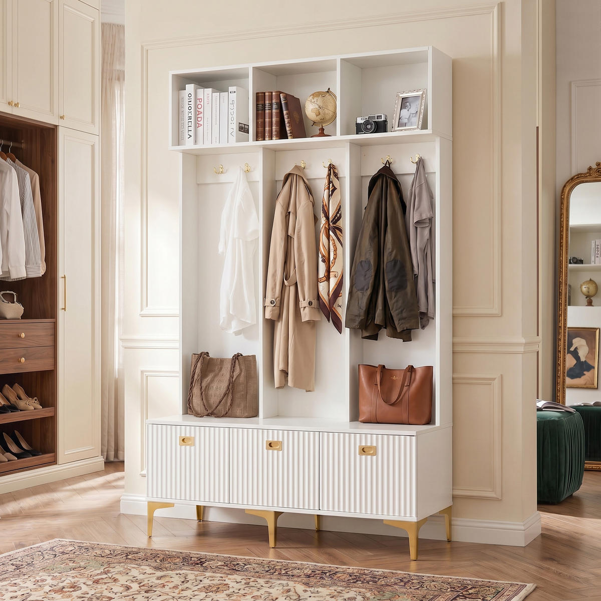 GARDEROBEN weiß & gold, mit sitzbank und 6 haken - Weiß, Holzwerkstoff (120/191/40cm) - Urban Meuble