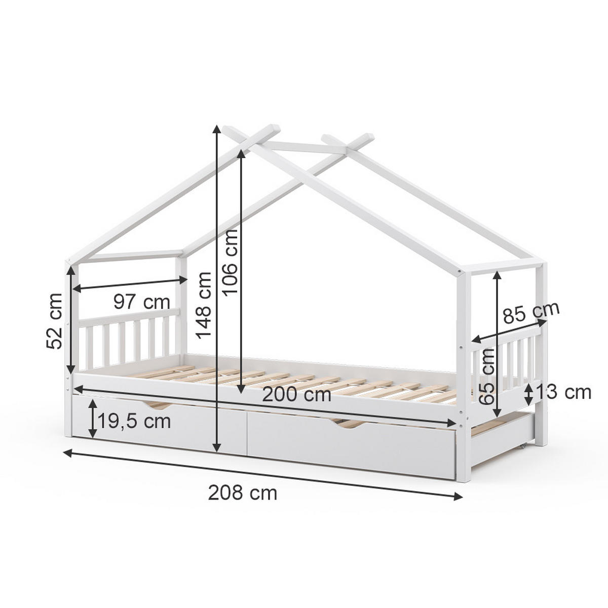 HAUSBETT Design Weiß 90x200 cm mit Gästebett und Matratze - Weiß, Holz (90/200cm) - VitaliSpa