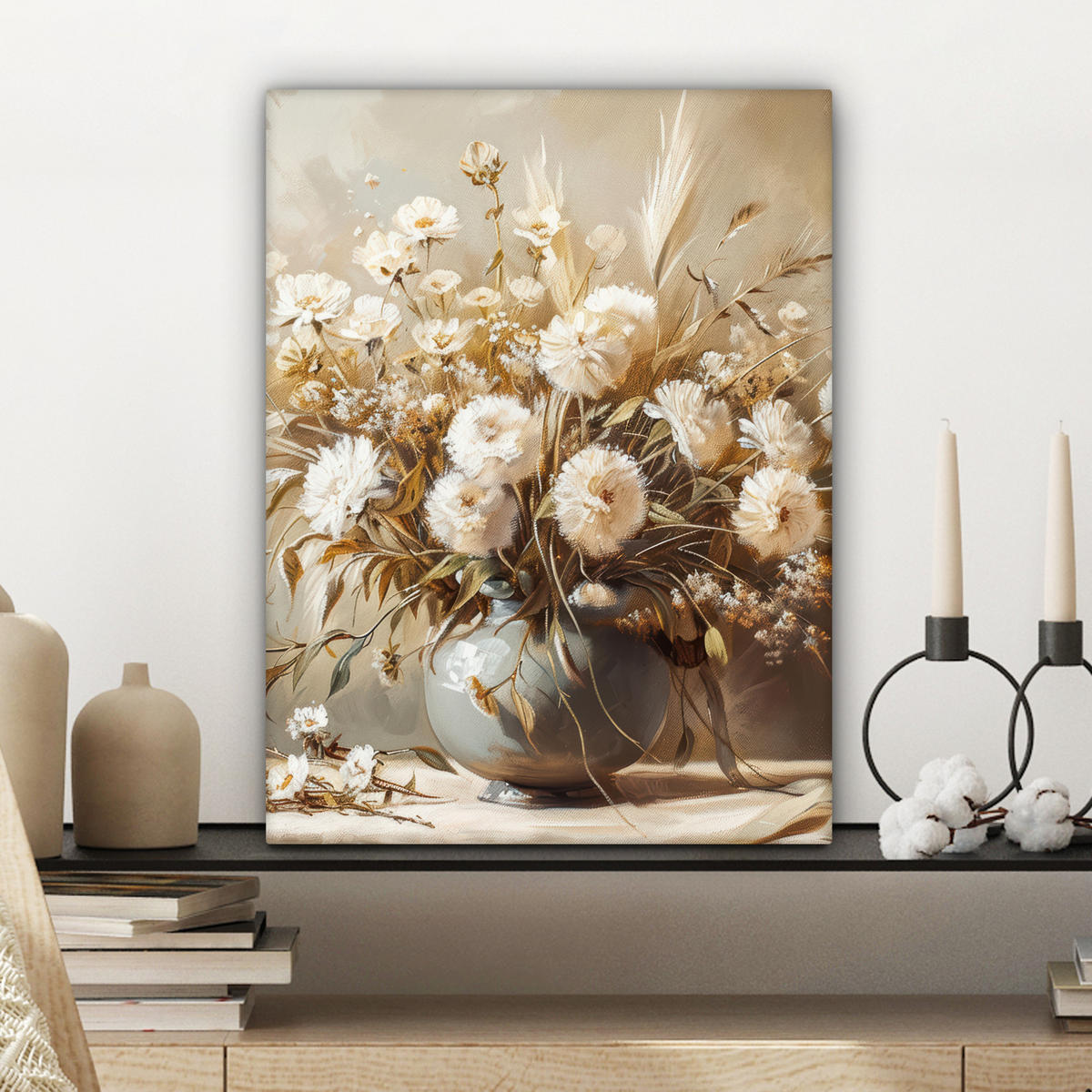 LEINWANDBILD Blumen - Vase - Stilleben - Beige 30x40 cm - Creme, Textil (30/40cm) - MuchoWow