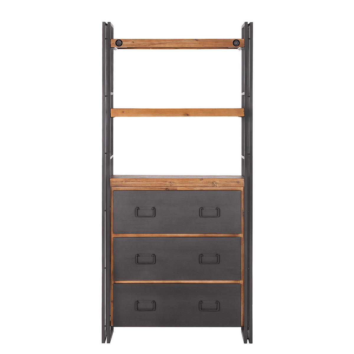 REGAL - 2 Fächer, 3 Schubladen, Akazie massiv / Metall - Akaziefarben, Holz (90/190/35cm) - home24