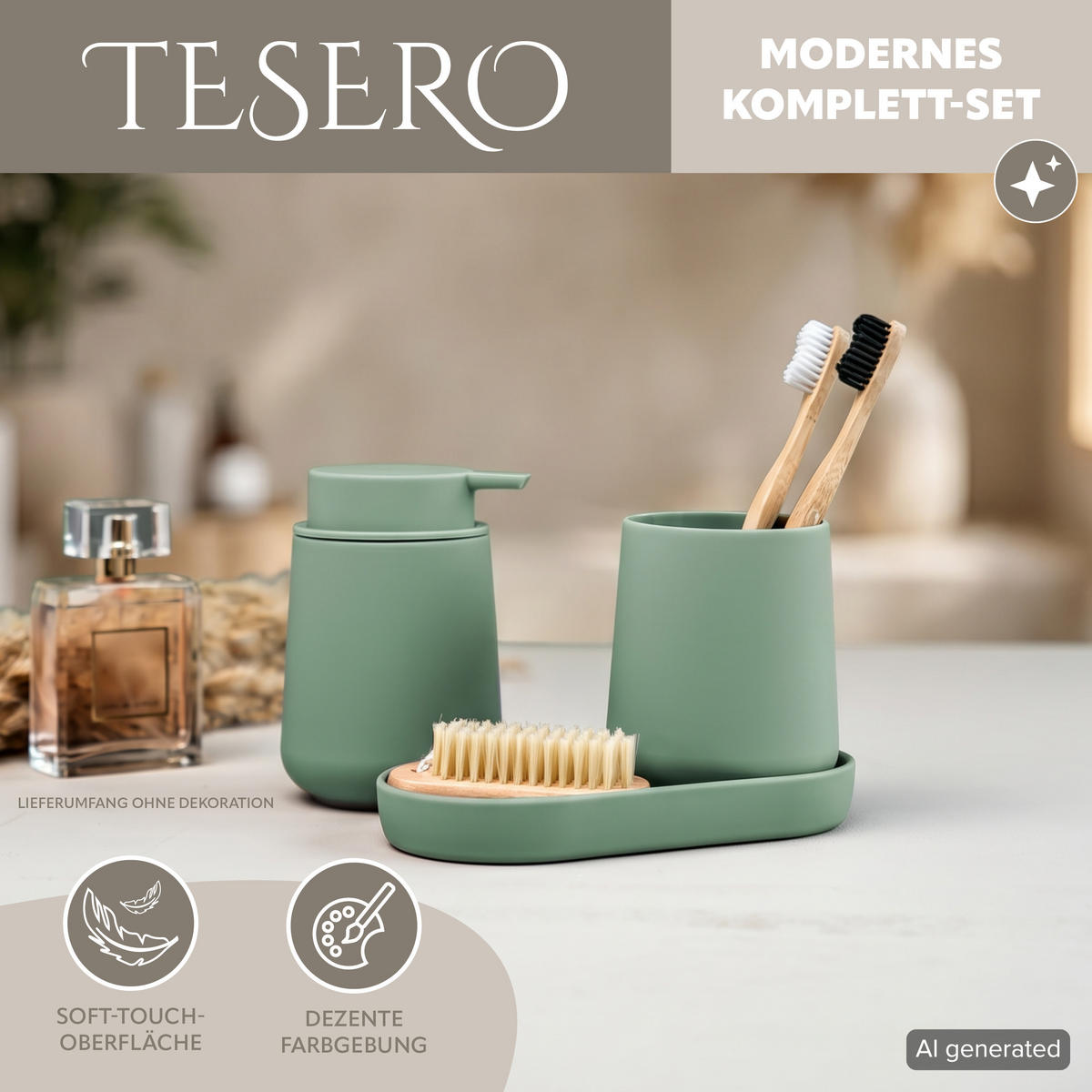 BAD-ACCESSOIRES-SET TESERO 3tlg., Soft-Touch, grün - Grün, Kunststoff (8.5/12/9cm) - eluno