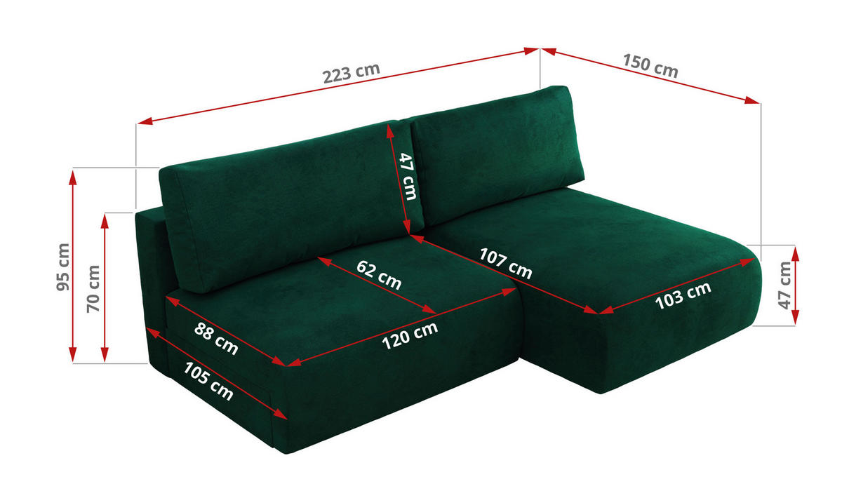 ECKSCHLAFSOFA VIVO L Dunkelgrün Velvet - rechts - Dunkelgrün/Schwarz, Kunststoff/Textil (150/223cm) - MKS
