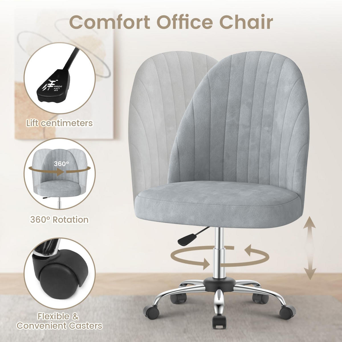 DREHSTUHL Grau Samt ergonomisch drehbar - Grau, Metall (30/44.5/48.5cm) - Rattrix