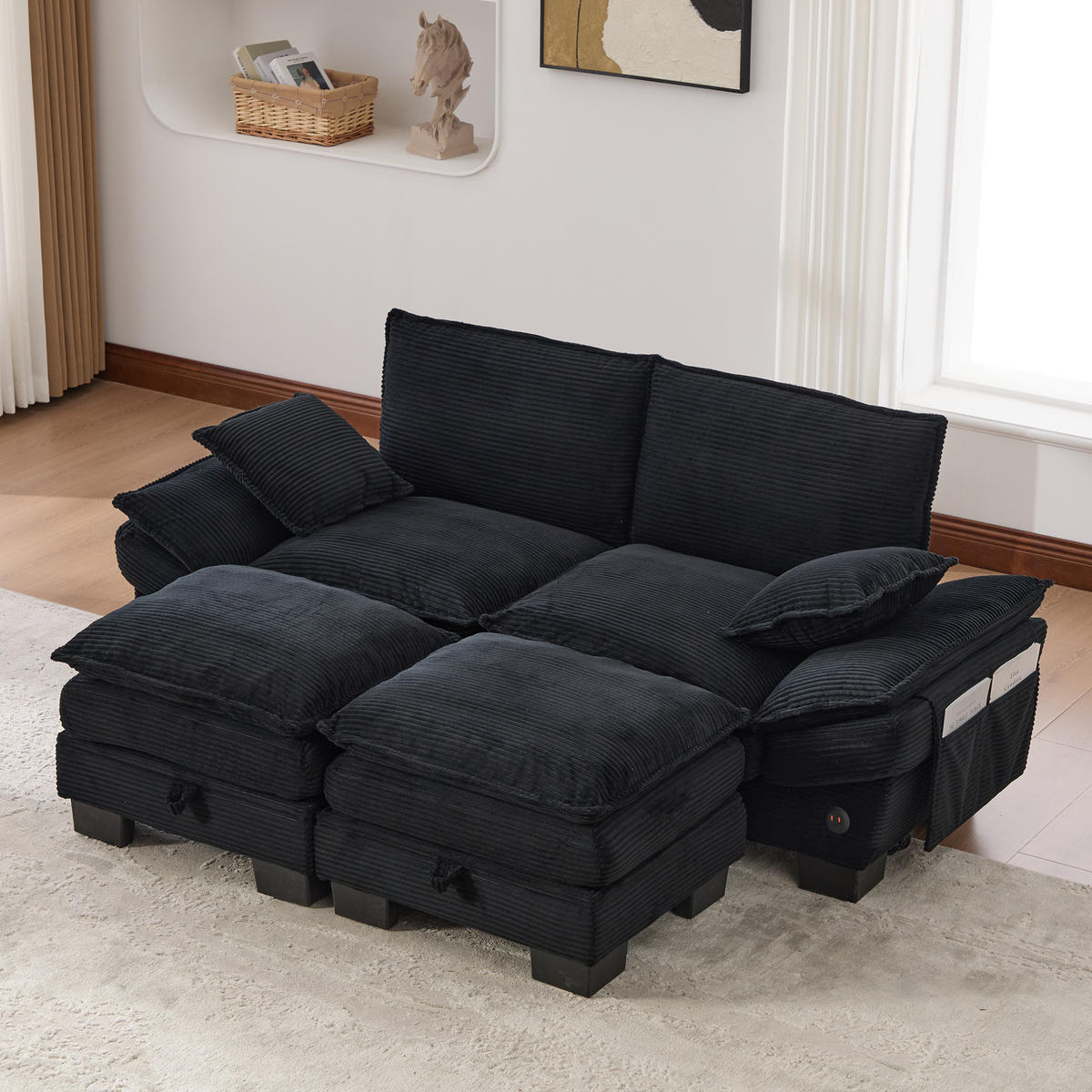 2-SITZER SOFA Cord Schwarz mit USB-C und Hocker - Schwarz, Holzwerkstoff/Kunststoff (190/84/132cm) - WISHDOR