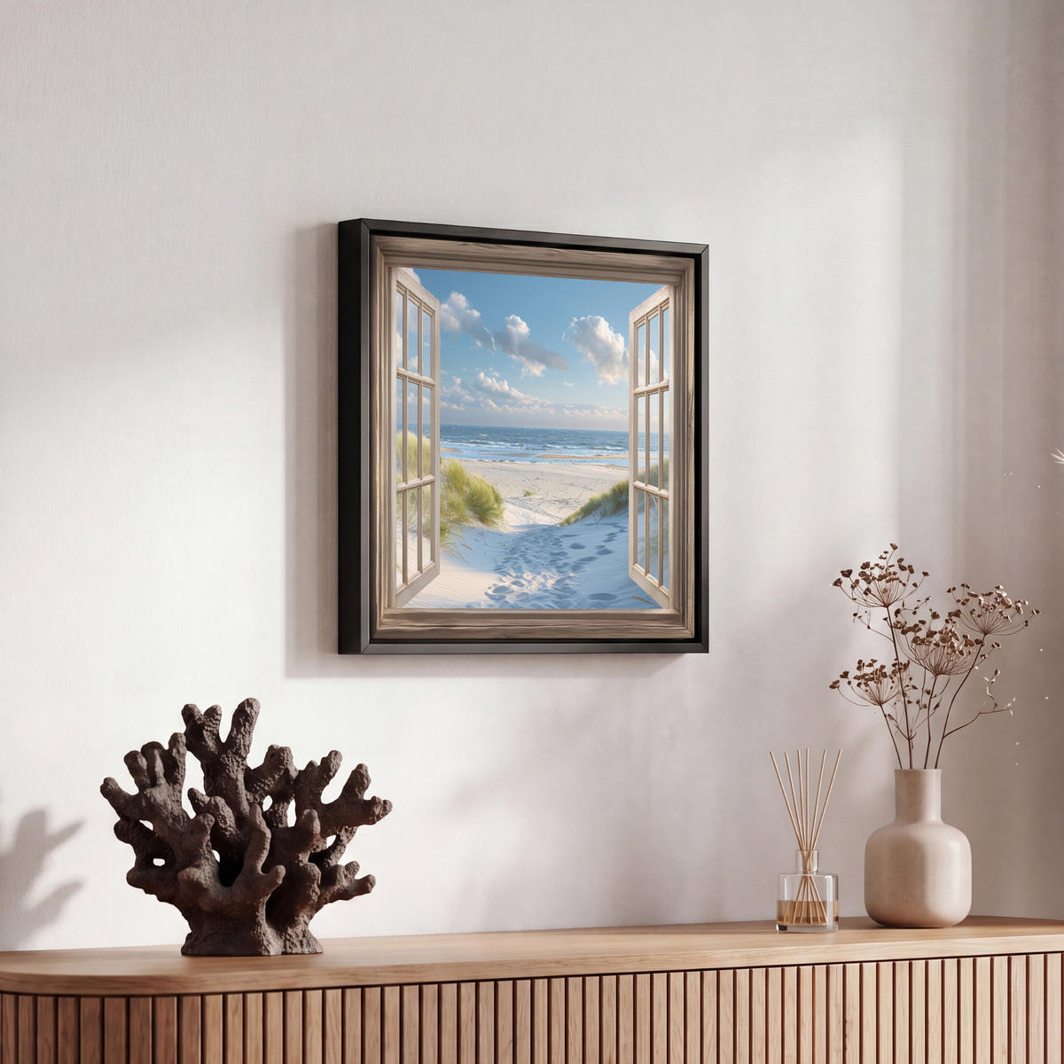 LEINWAND Bilder mit Rahmen - Aussicht - Strand - Fenster - Dünen - Meer - 20x20 - Hellblau, Textil (20/20cm) - MuchoWow
