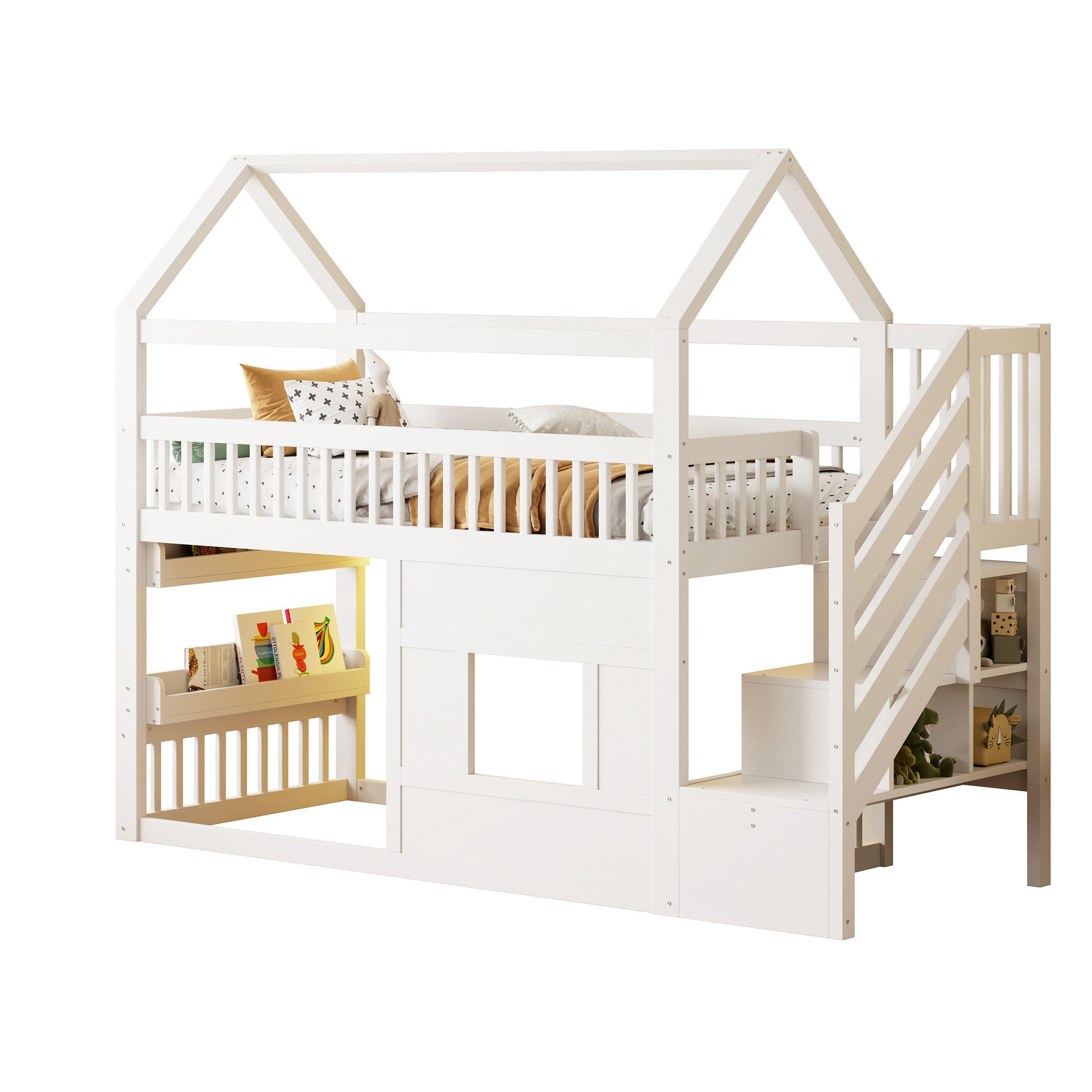 HAUSBETT 90/200 cm in Weiß mit Treppe, Ablage und LED aus Kiefernholz - Weiß, Holzwerkstoff - STILVORA
