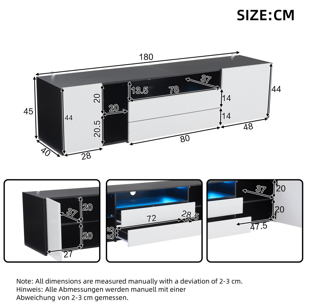 TV-ELEMENT mit LED 180 x 40 x 45 cm Weiß/Schwarz - Weiß, Holzwerkstoff (40/45/180cm) - Beauniv