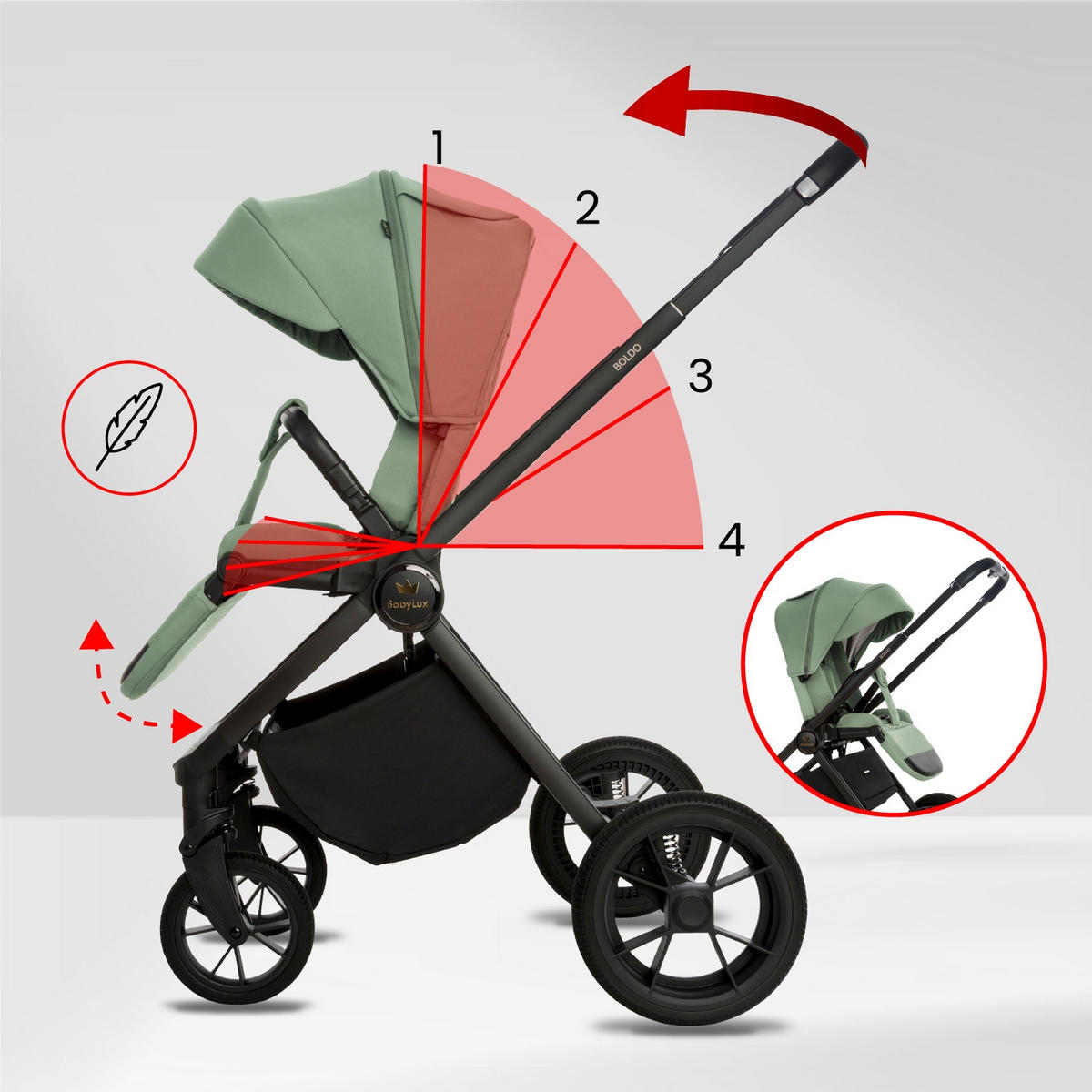 KINDERWAGEN Boldo 4in1 Grau Babywanne, Reisebuggy, Autositz, Isofix Basis - Schwarz/Grün, Textil/Metall (58/98cm) - BabyLux