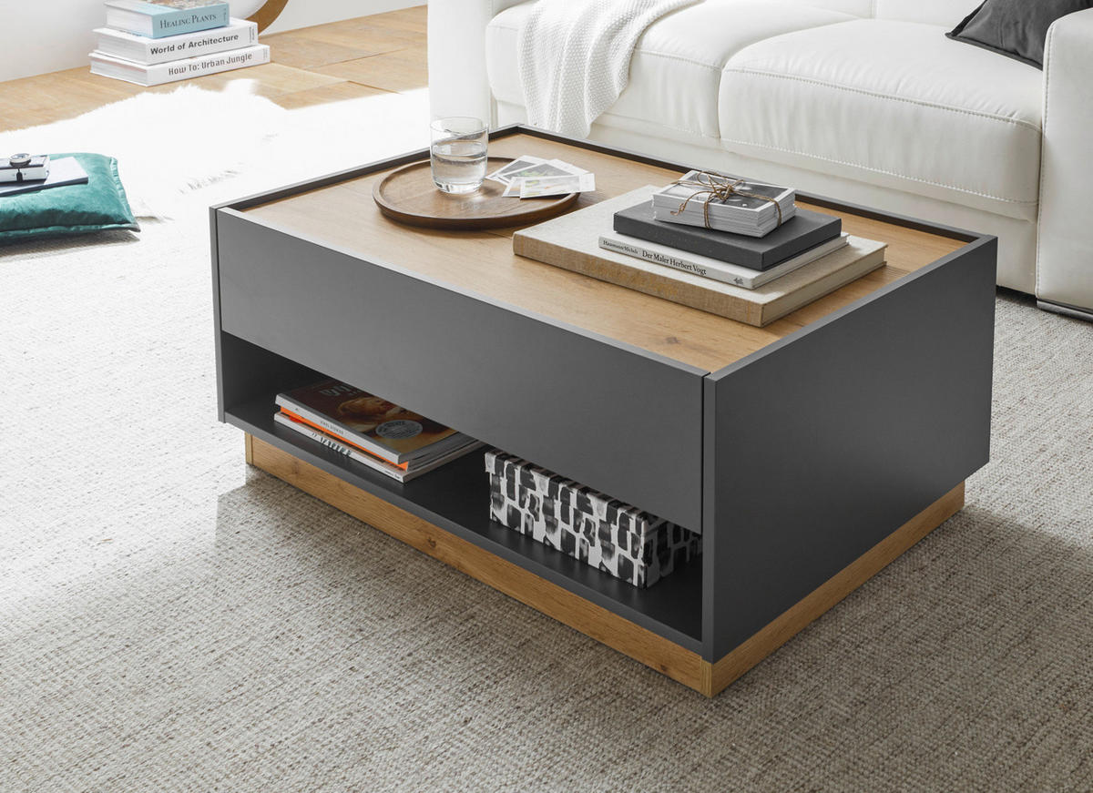 COUCHTISCH grau matt, Eiche Wotan 90 x 60 cm, Wohnzimmertisch mit Stauraum - Eiche Wotan/Grau, Holzwerkstoff/Metall (90/60/38cm) - Furn.Design