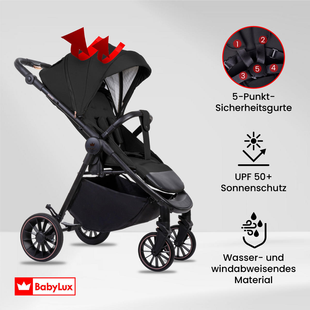 BUGGY Rombo, Klein und Leicht, Teleskopische Führung, Kompakt Faltbar, Wickeltasche, Reisetasche - Schwarz, Textil/Metall (58/98cm) - BabyLux