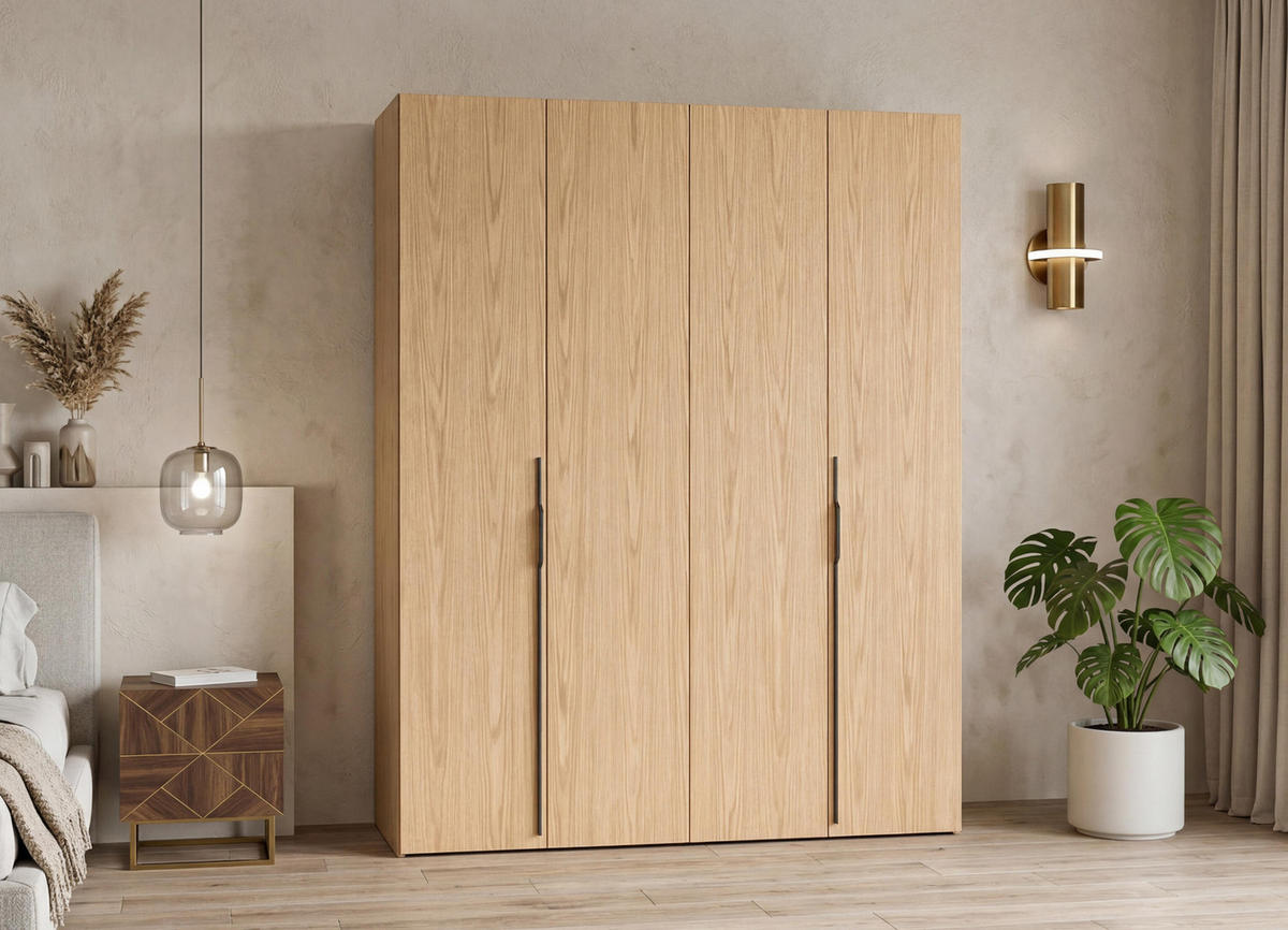 FALTTÜRENSCHRANK Omodeo 200 cm breit in Bookmatch-Eiche – mit WingLine-Falttüren - Eichefarben, Holzwerkstoff (200/240/58cm) - AX Living