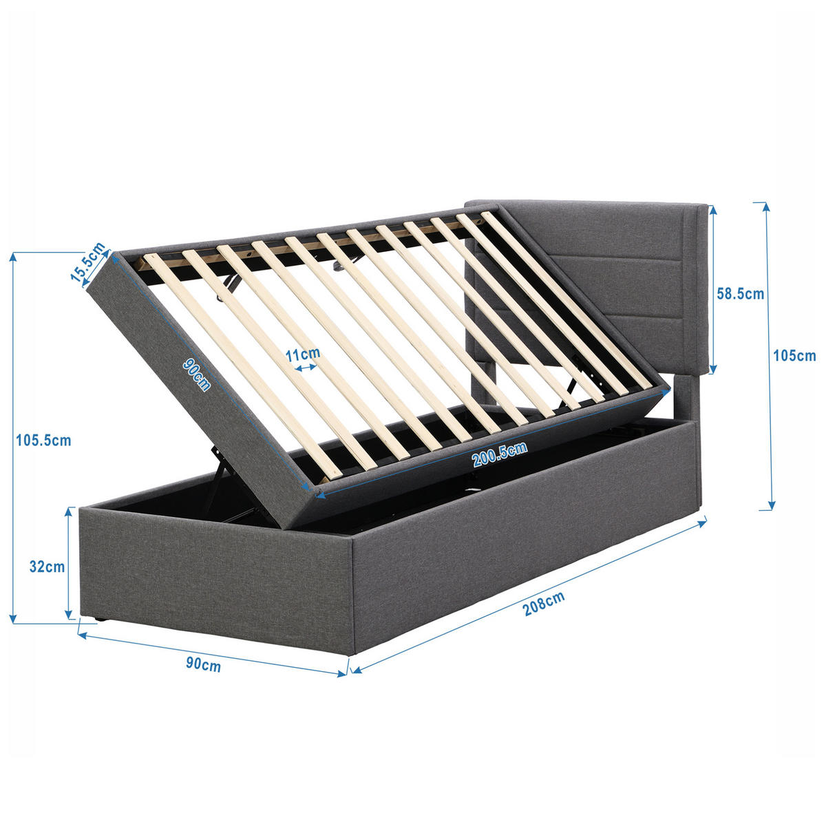 POLSTERBETT 90/200 cm Grau aus Leinen und MDF mit Stauraum - Grau, Holzwerkstoff (90/200cm) - OKMYHOME
