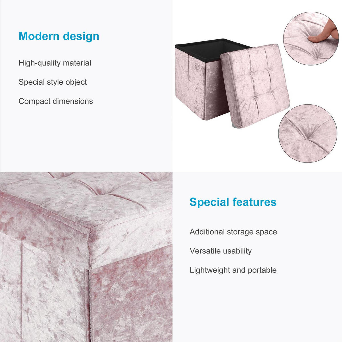 SITZHOCKER Faltbar mit Samtbezug 30/30/30 cm (Rosa) - Rosa, Karton (30/30/30cm) - Intirilife