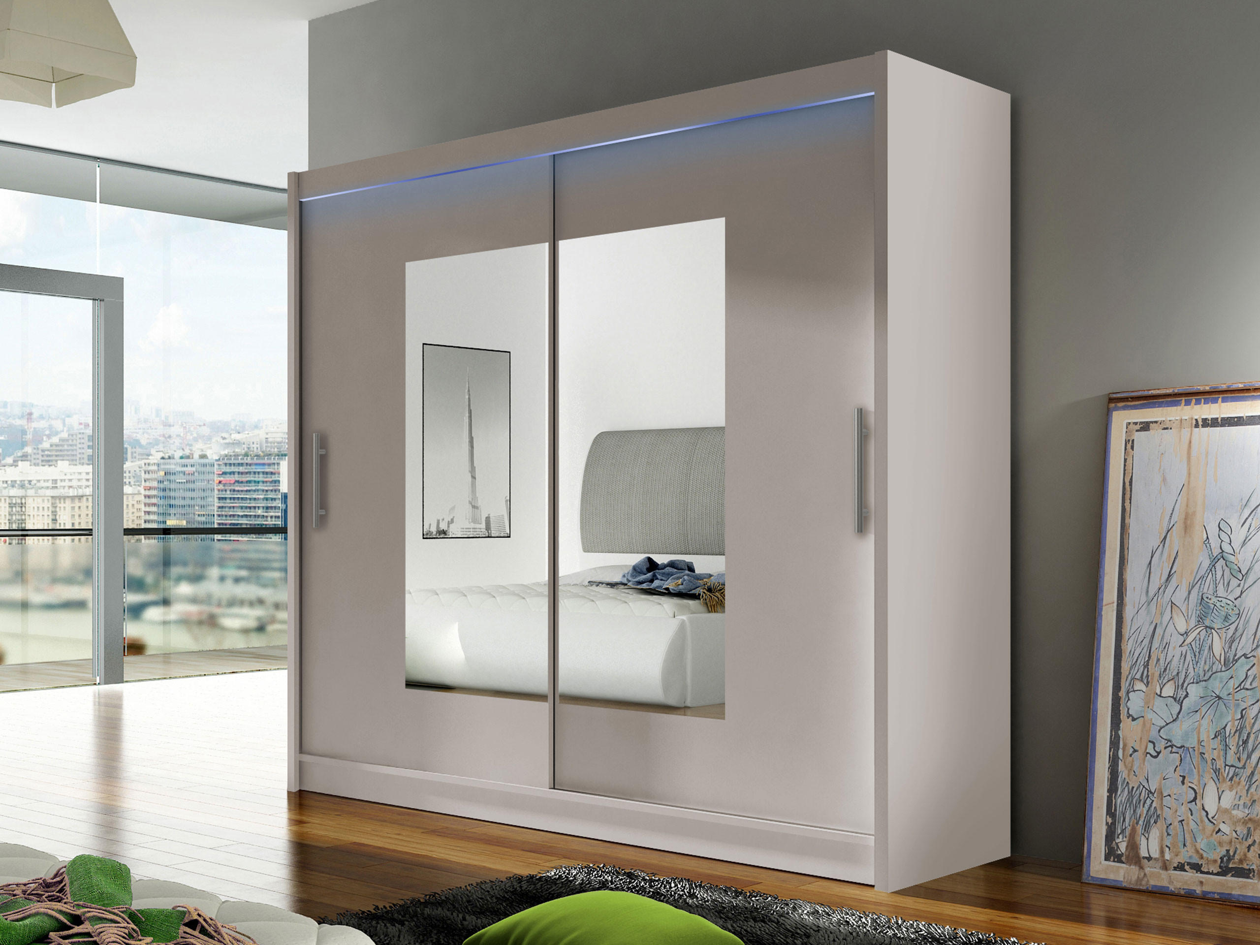 KLEIDERSCHRANK London VII, mit RGB LED Beleuchtung - Kaschmir/Silberfarben, Holzwerkstoff/Kunststoff (180/215/58cm) - MIRJAN24