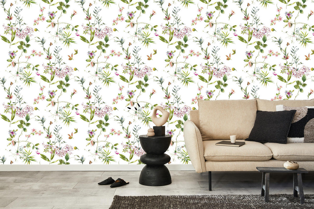 VLIESTAPETE Aquarellblüten und Blätter – Grün, Rosa, Weiß – 50x1000 cm - Rosa/Weiß, Papier (50/1000cm) - Muralo