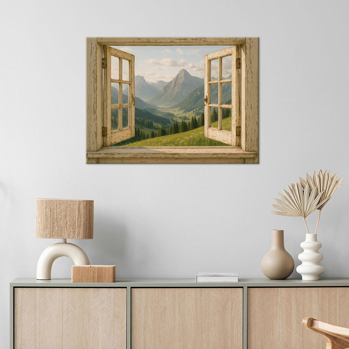 LEINWANDBILD Blick aus dem Fenster auf die Berge Shabby Chic 120x80cm - Beige, Textil (120/80cm) - Feeby